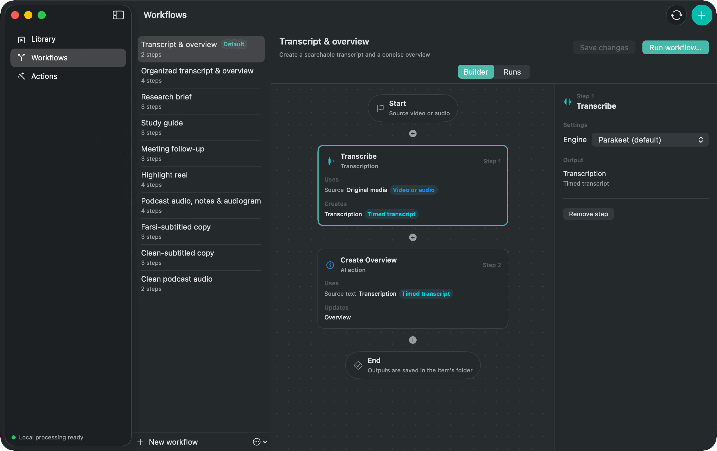 Media Mill Workflows screen showing the built-in Workflow collection.