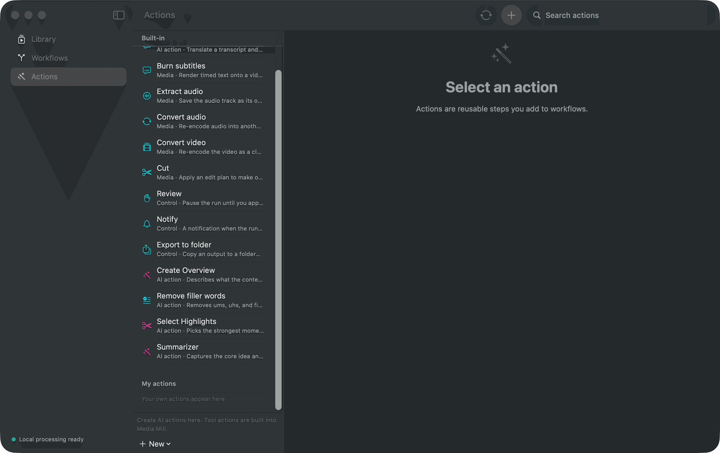 Media Mill Actions screen where local AI instructions can be inspected and changed.
