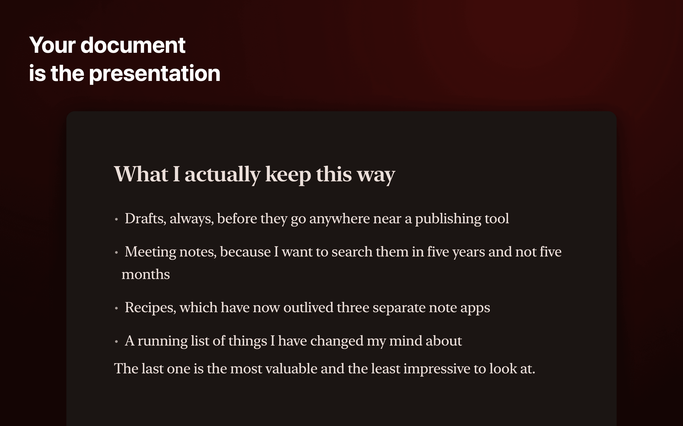 Unmarked showing a Markdown document as a full-screen presentation