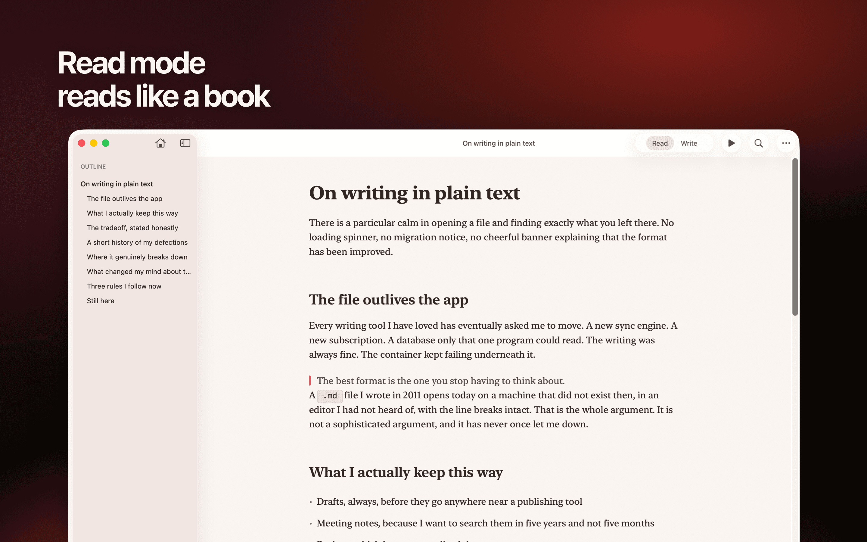 Unmarked Read mode rendering a Markdown document on a warm light theme