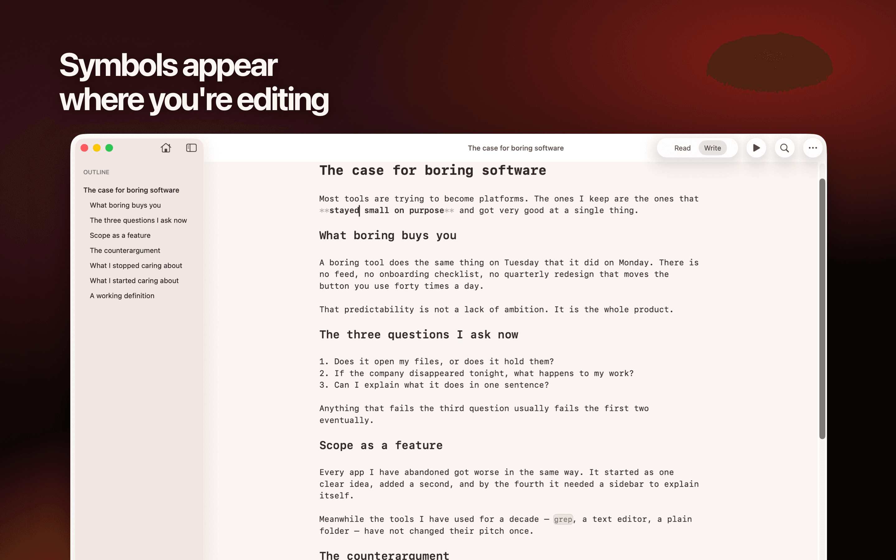 Unmarked Write mode with Markdown syntax visible around the cursor