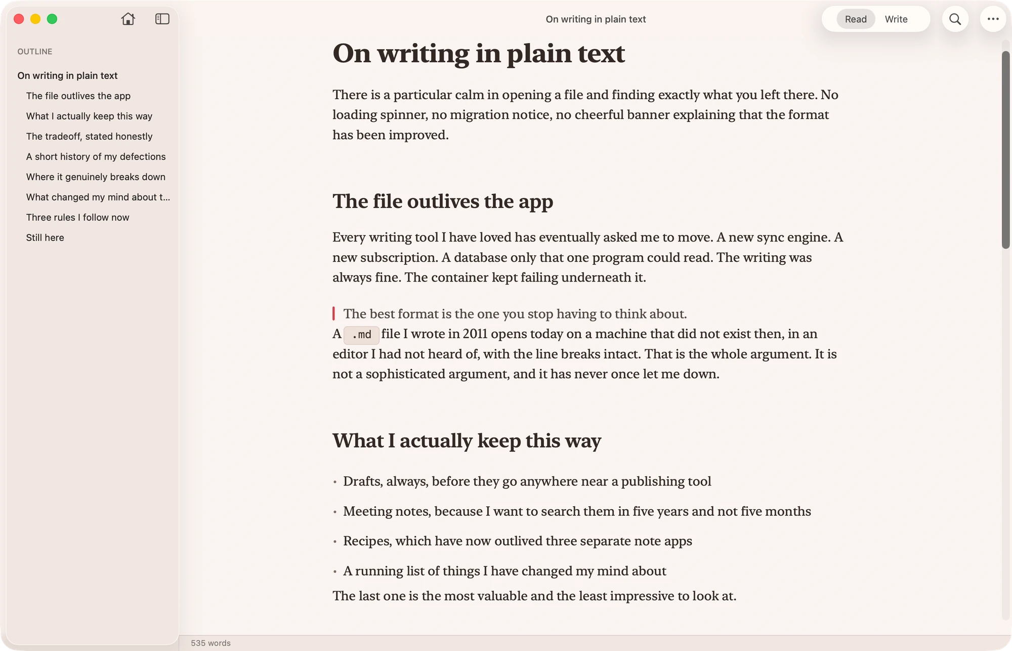 An essay cleanly rendered in Unmarked’s Read mode, with the outline in a sidebar