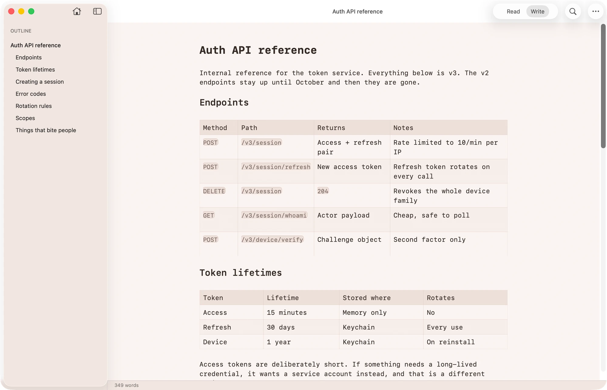 An API reference in Unmarked’s Write mode with Markdown tables rendered as real tables