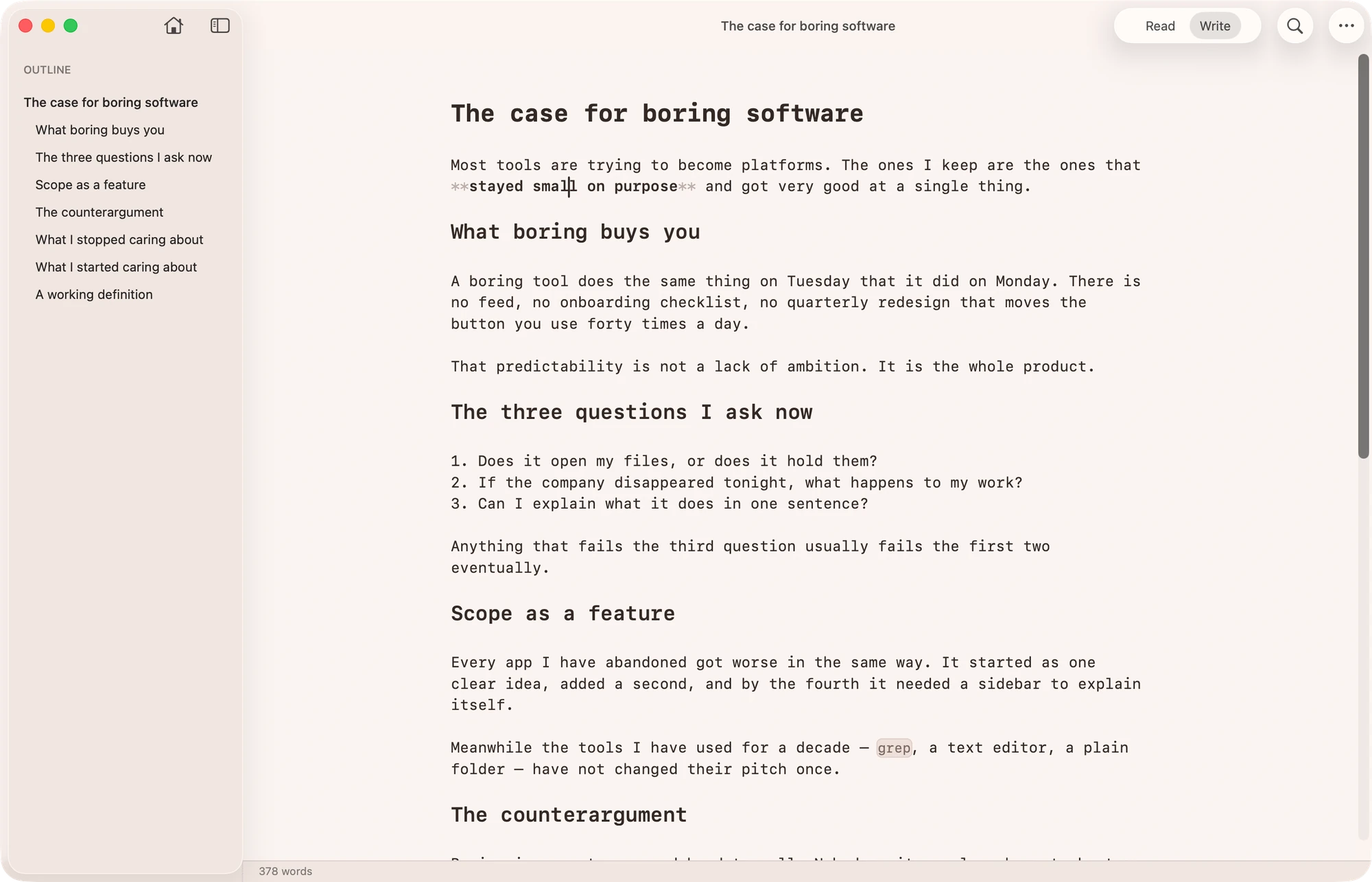 Unmarked in Write mode with Markdown syntax visible only at the cursor